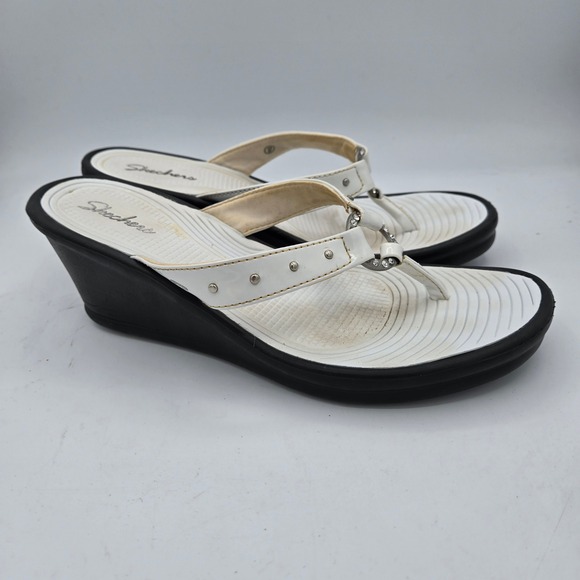 Skechers Wedge Sandals Size 9 White Black Thong Rhinestone Detail Casual - Picture 1 of 7